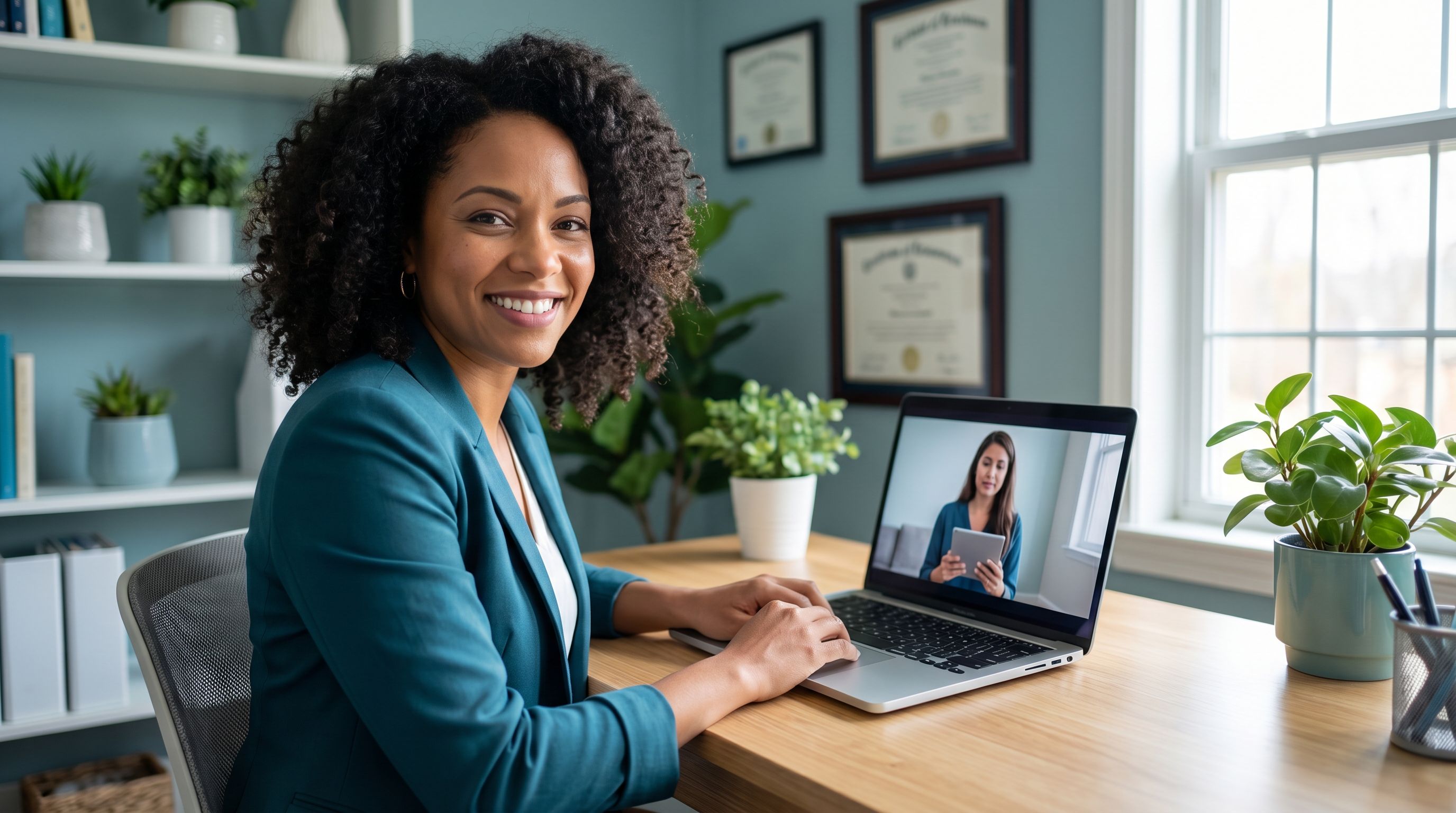 BCBA conducting a telehealth ABA therapy session from a modern home office, coaching a parent remotely via laptop video call