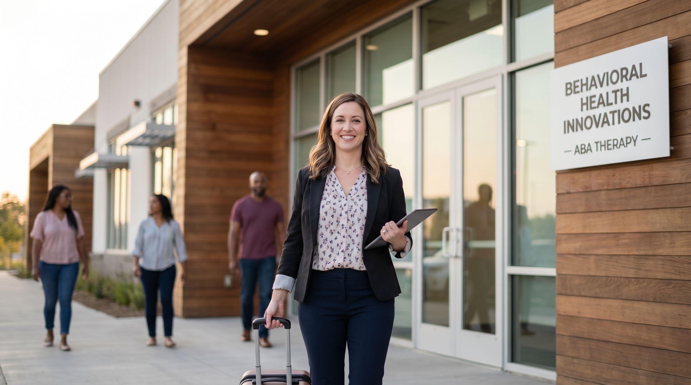 Professional BCBA with travel suitcase arriving at a modern ABA therapy clinic
