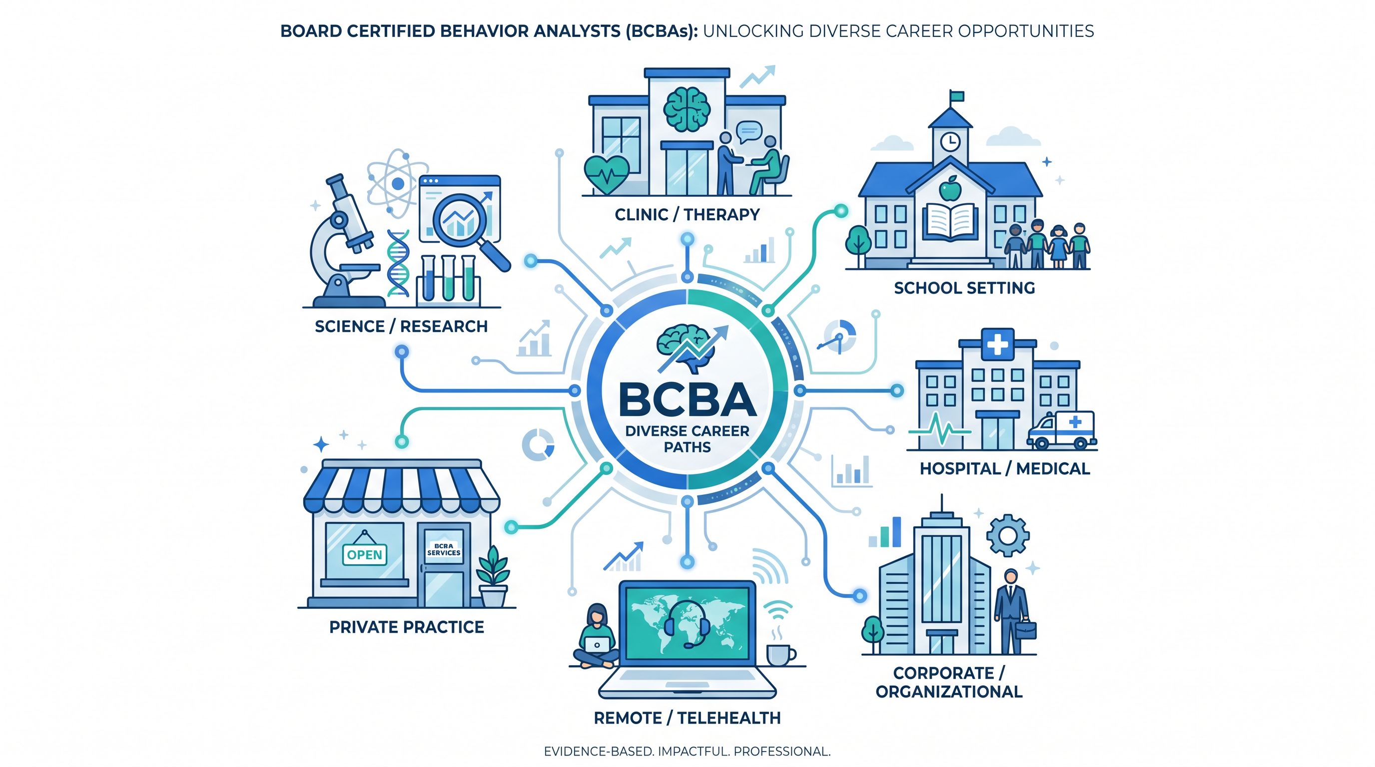 Infographic showing BCBA career paths including clinical ABA, schools, hospitals, insurance, OBM, and private practice with salary ranges