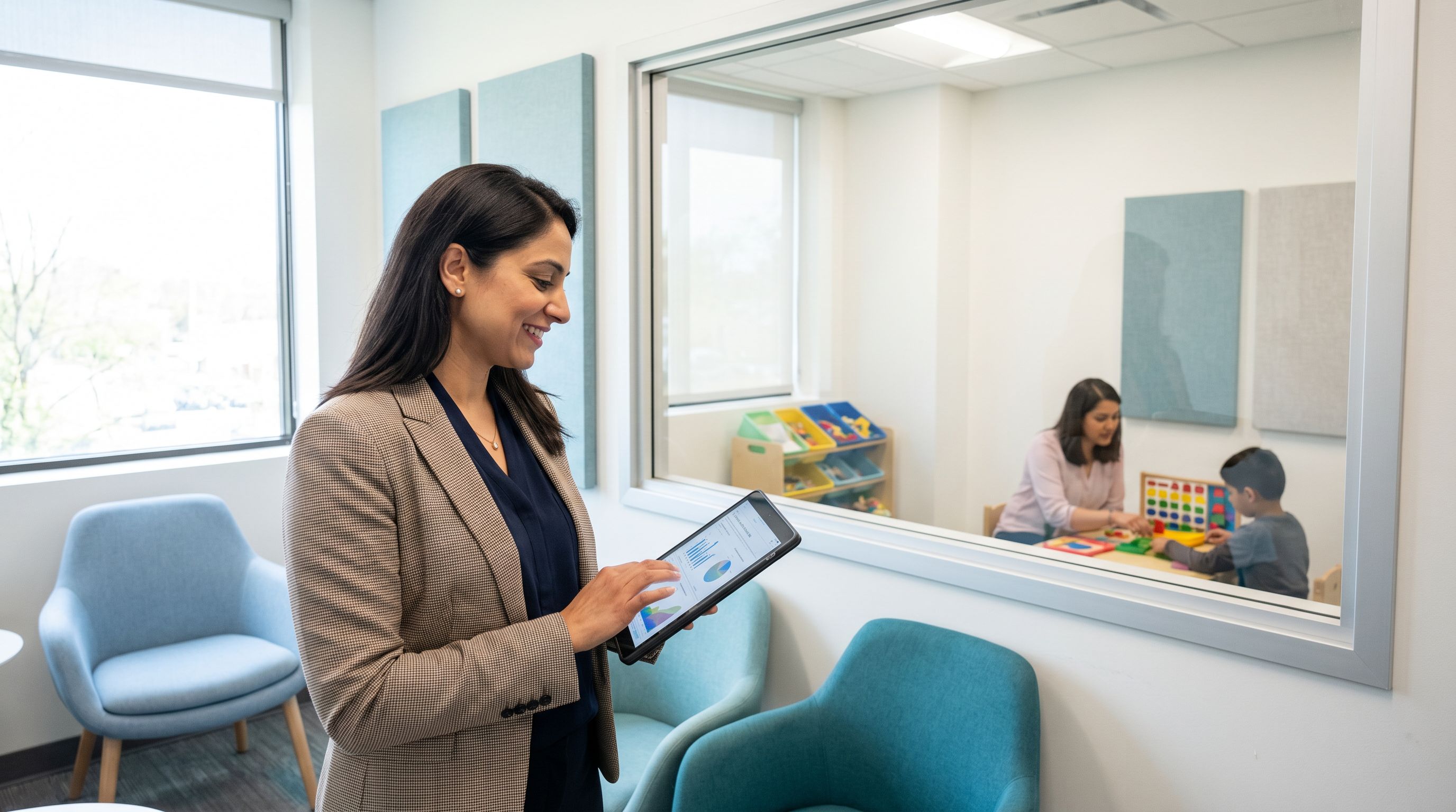 BCBA professional reviewing behavioral data on a tablet in a modern ABA therapy clinic