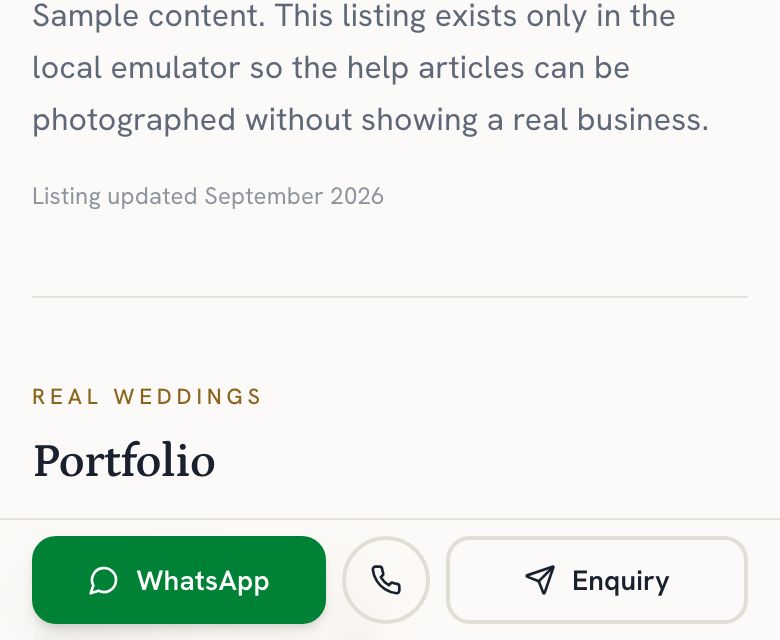 The contact bar a couple sees on a phone: WhatsApp, Call and Enquiry