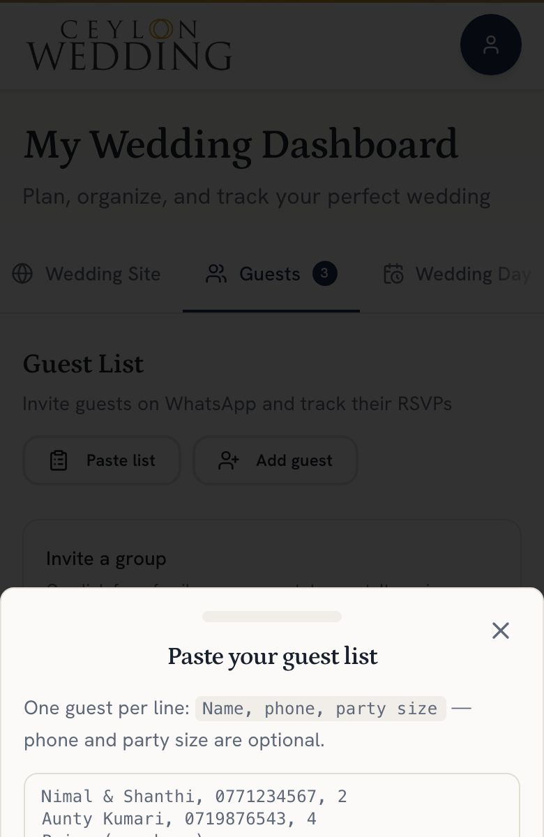The Paste your guest list dialog: one household per line as name, phone, party size