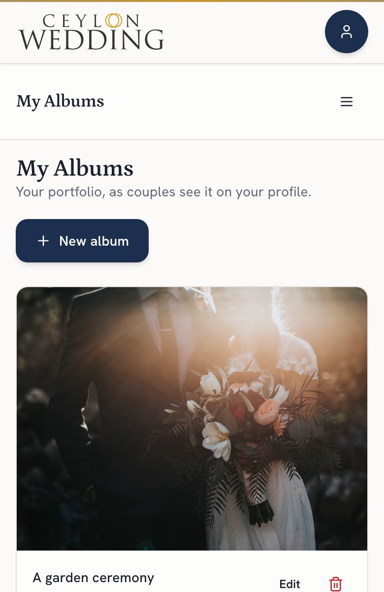 My Albums on the vendor dashboard with the New album button and the existing albums
