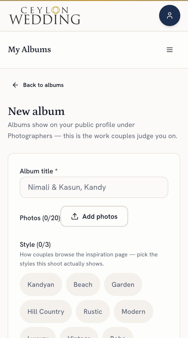 The New album form: a name, the Add photos button and the style tags