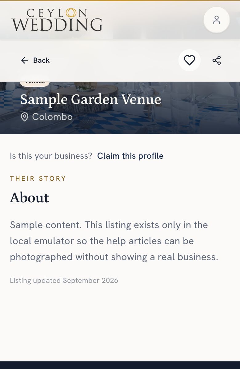 An unclaimed listing with the line Is this your business? Claim this profile