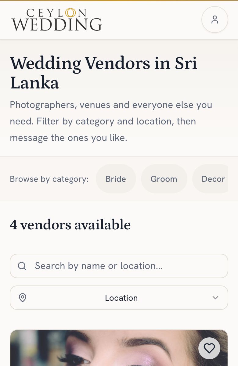 The vendor directory on a phone, with the categories to choose from