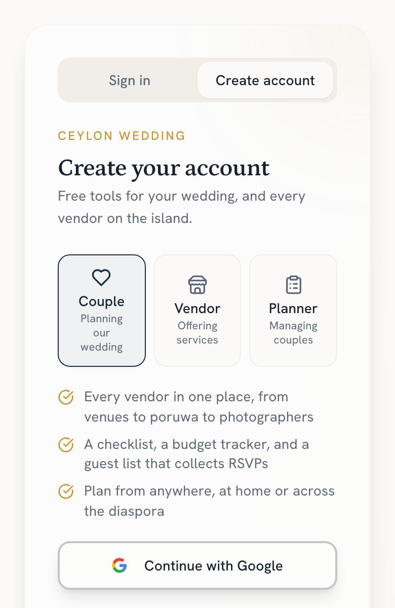 The sign-up form with three account types: Couple, Vendor and Planner