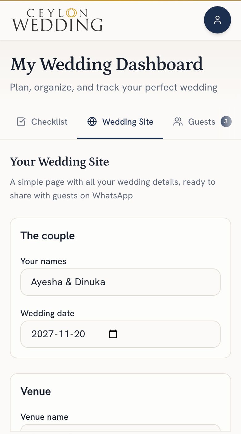 The Wedding Site tab: your names, the wedding date and the venue at the top of the editor