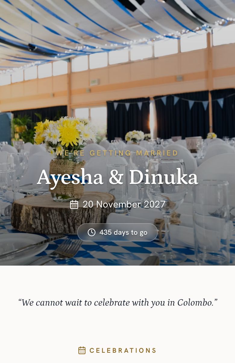 A published wedding page: the cover photo, the couple's names and the countdown