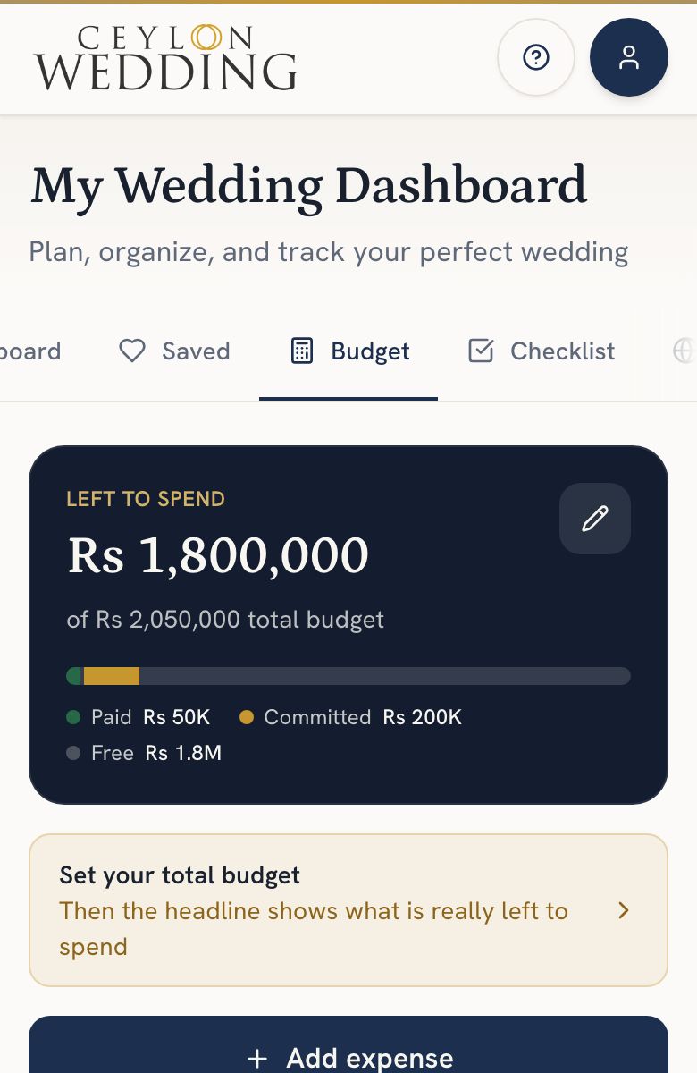 The Budget tab: what is left to spend at the top, the next payments due, then one card per category