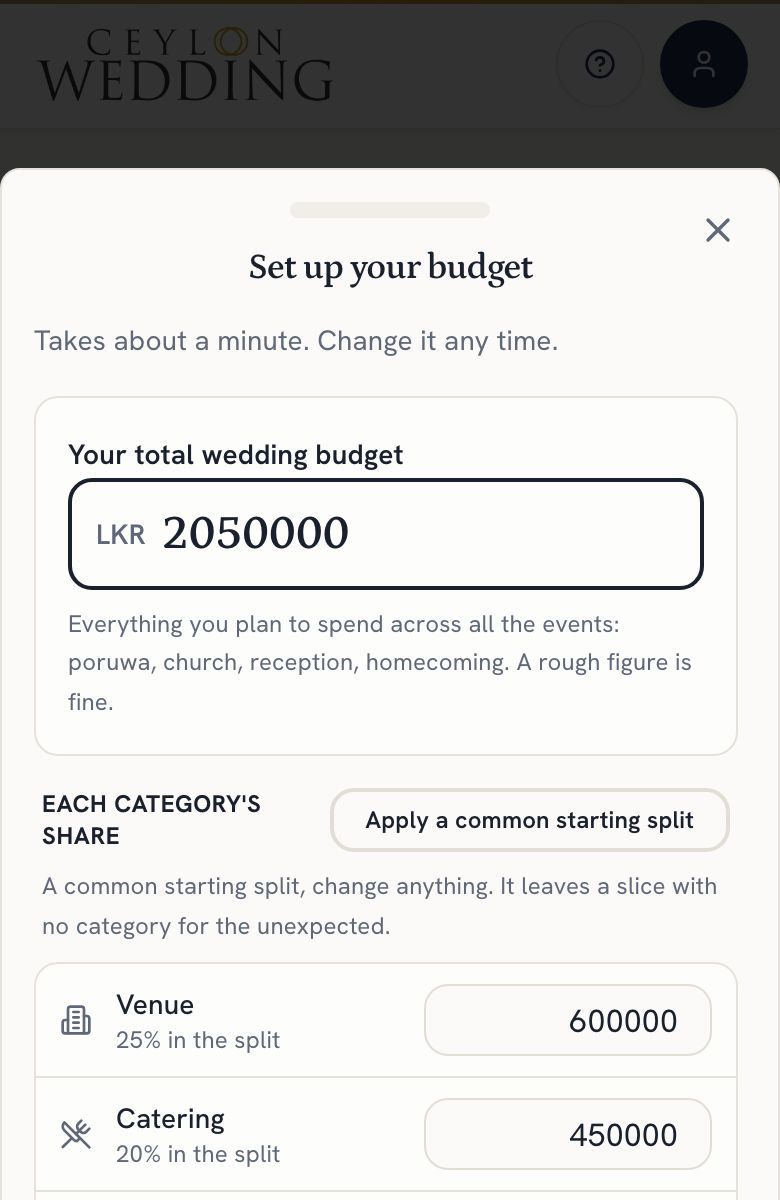 Set up your budget: the total at the top, each category's share beneath it, and Left to allocate