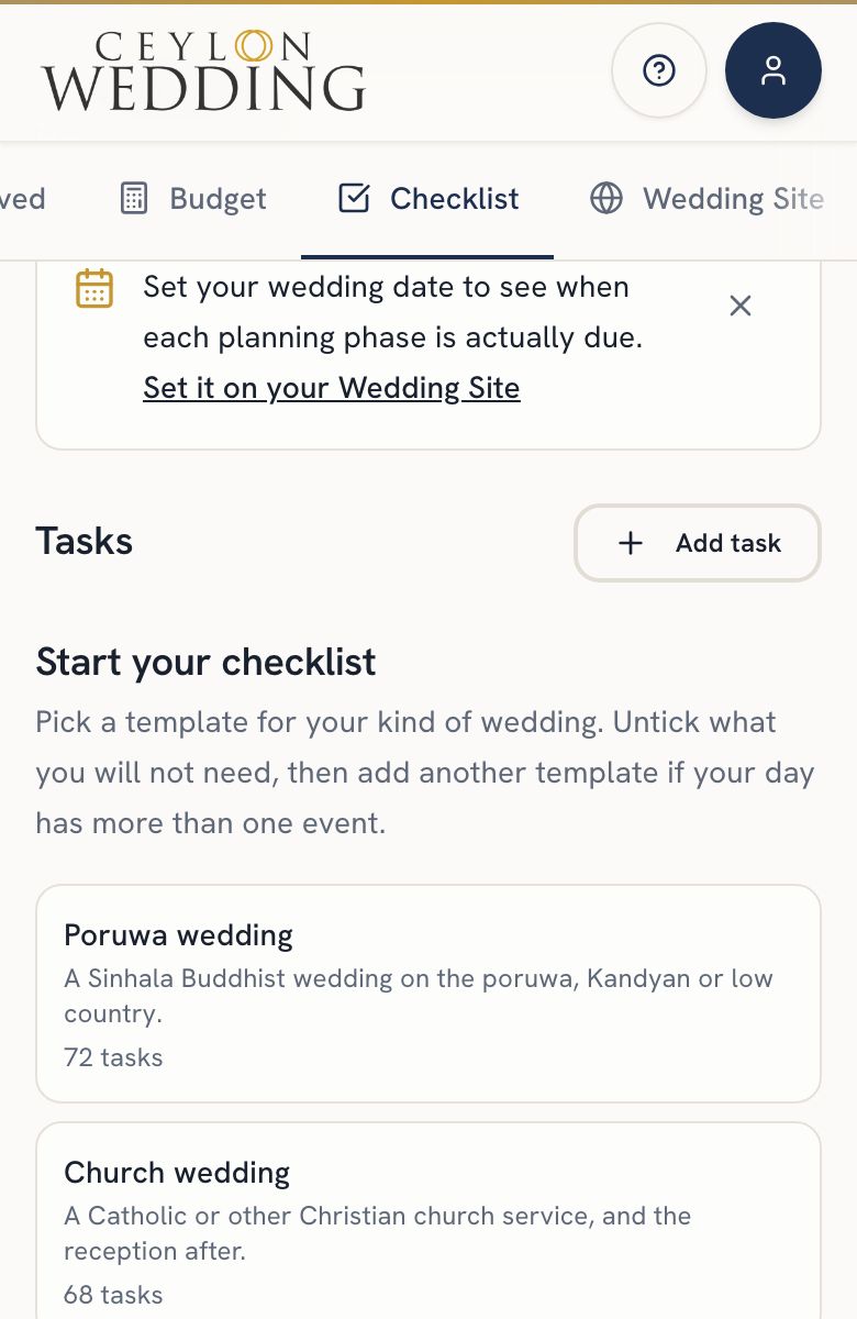 An empty checklist on a phone, with a template for each kind of wedding below it