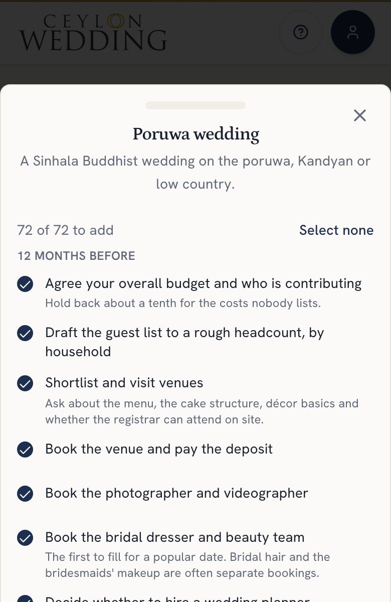 The Poruwa wedding template opened: every task ticked, grouped by month, some with a short note