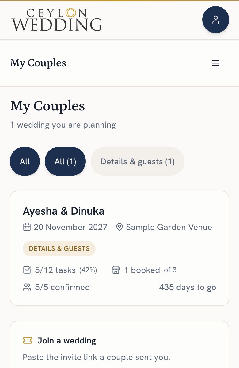 My Couples: each wedding a planner can edit, with the date, venue and progress