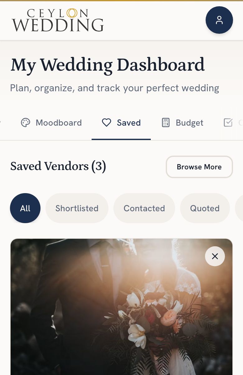 The Saved tab on a couple's dashboard, one vendor per row with its stage