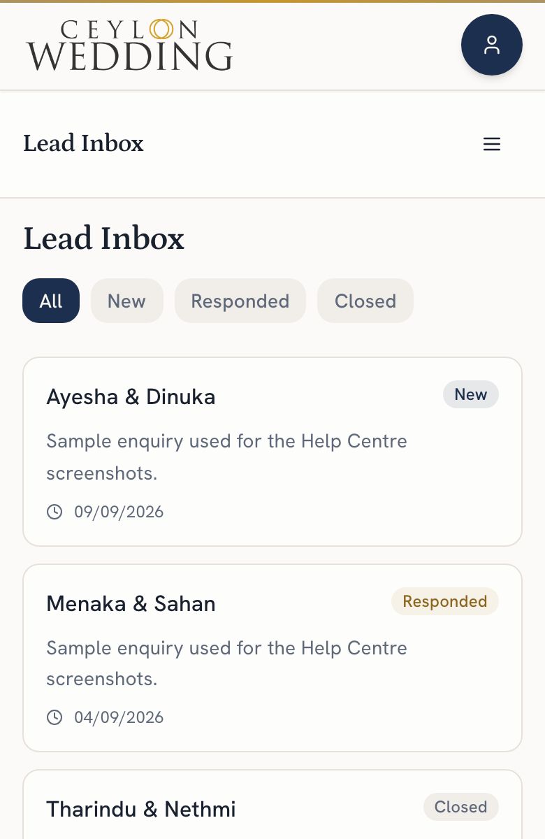 The Lead Inbox: one enquiry per row, each marked New, Responded or Closed