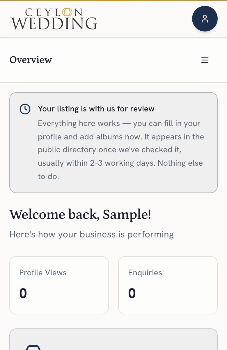 A vendor dashboard with the banner saying the listing is with us for review