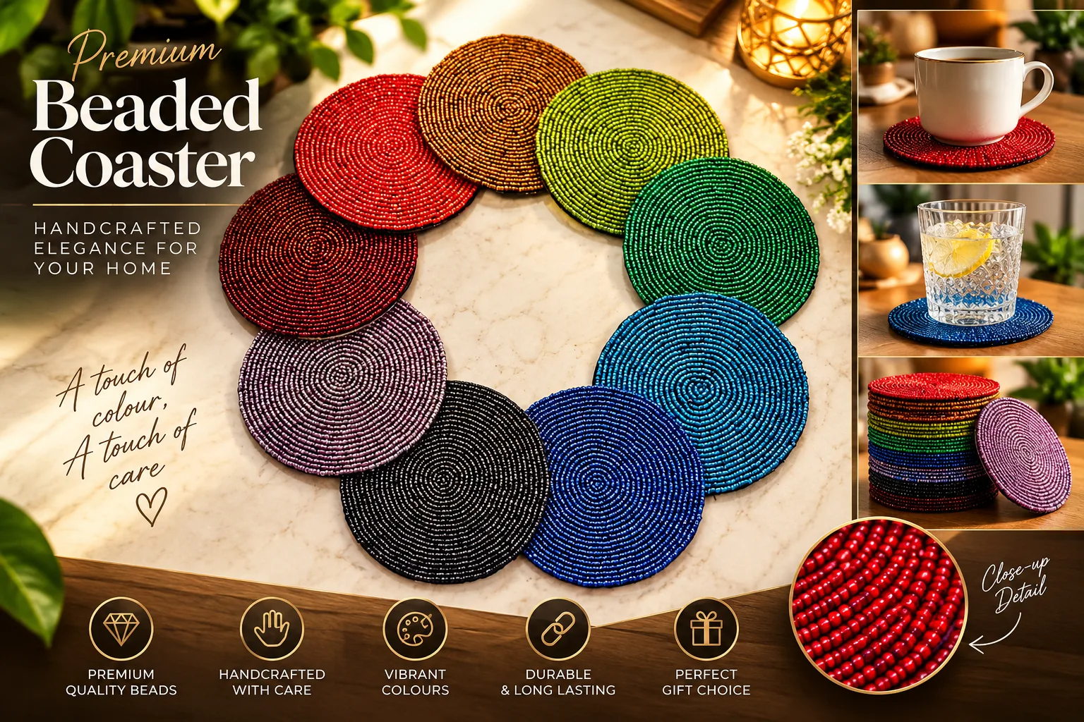 Colour bead embroidered tea coaster