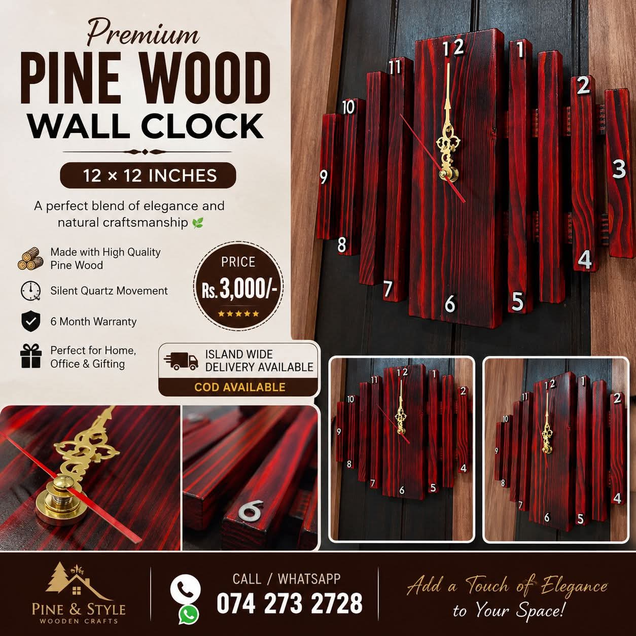 Pine wood Wall clock