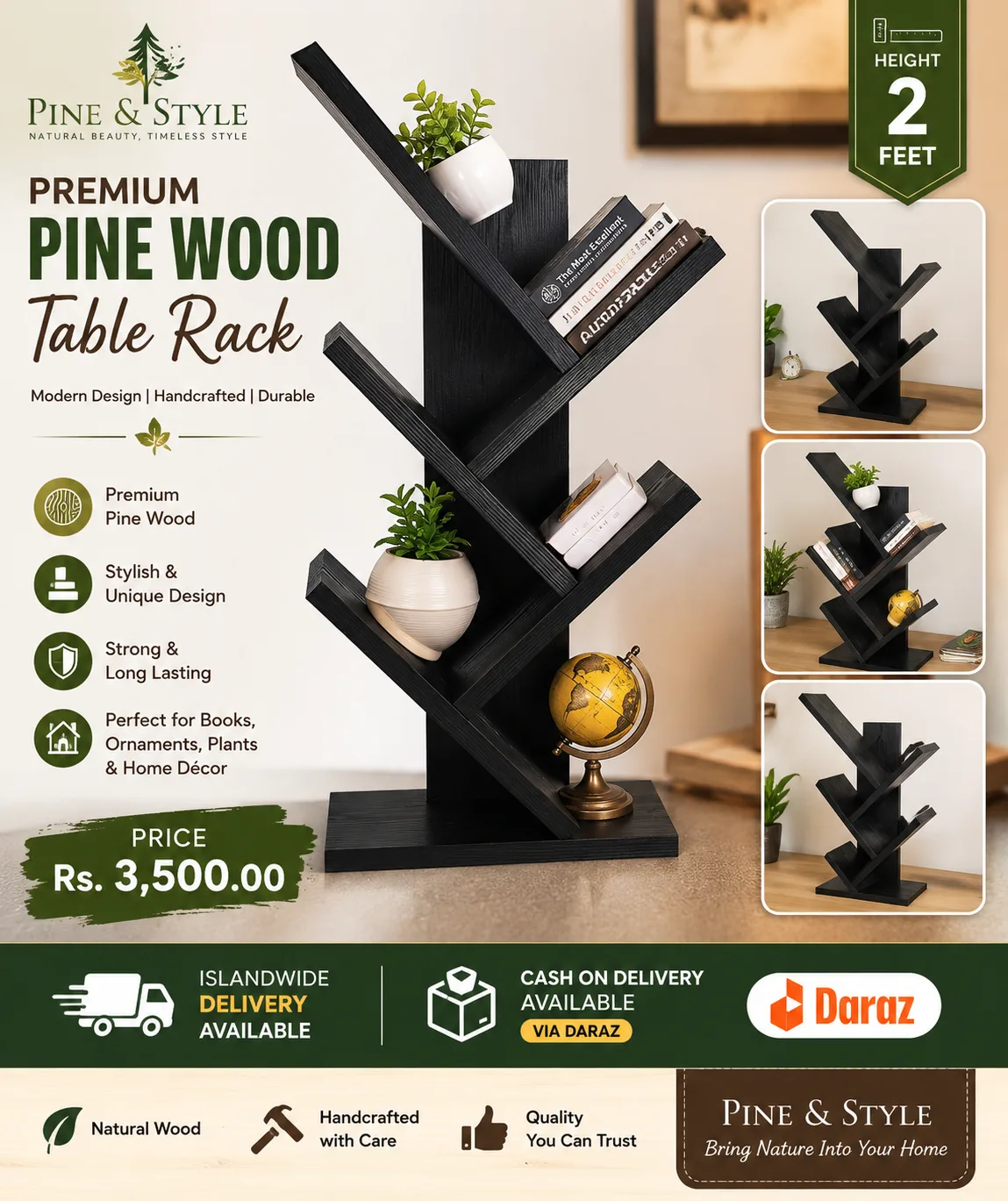 Pine wood table book organizer