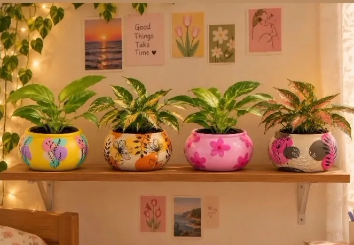 Hand painted pots and plants