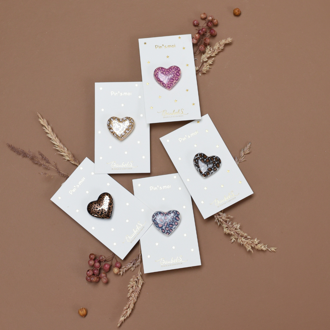 Pin's Coeur Léopard : Blanc & Doré 6