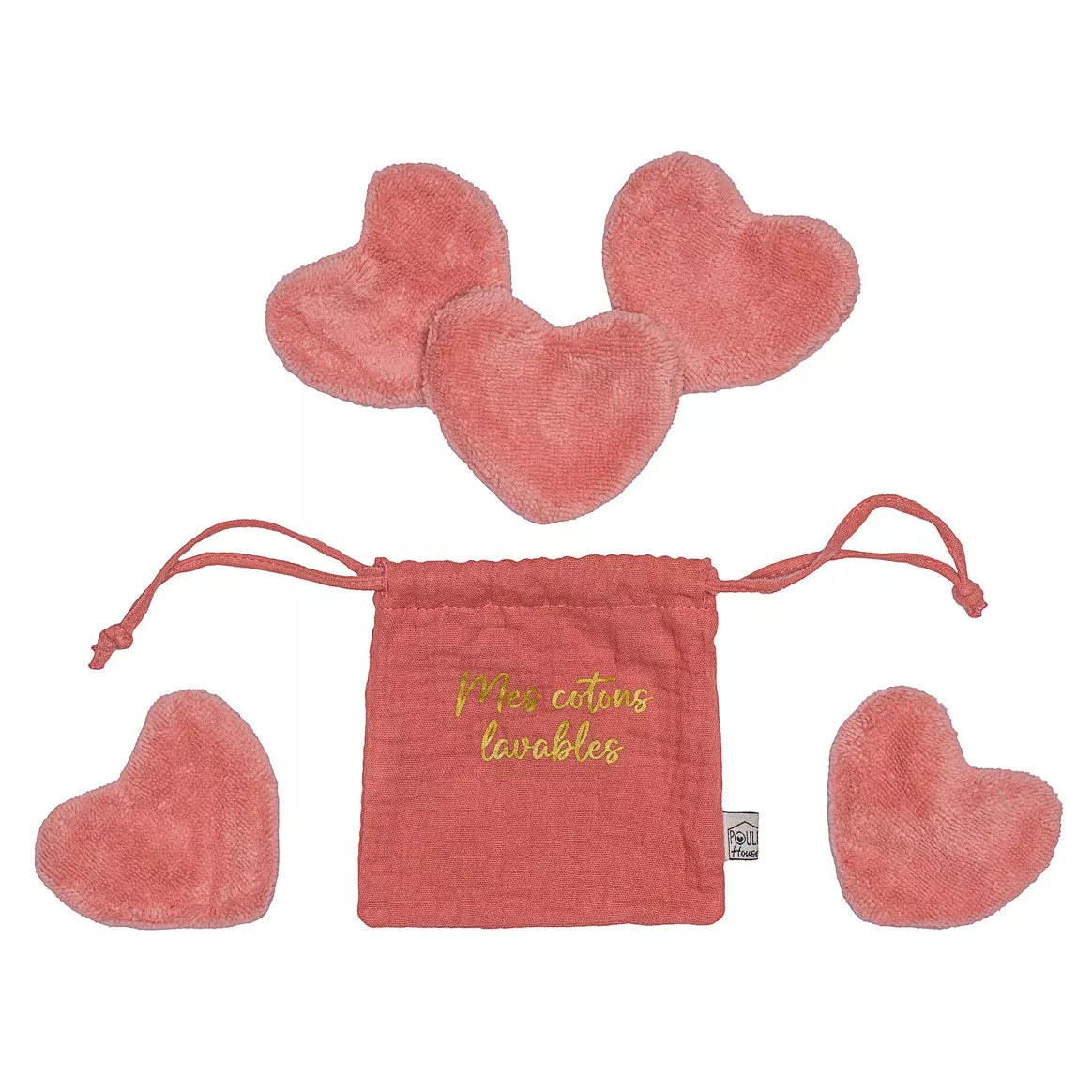 Set 5 cotons lavables forme cœur dans pochon — terracotta