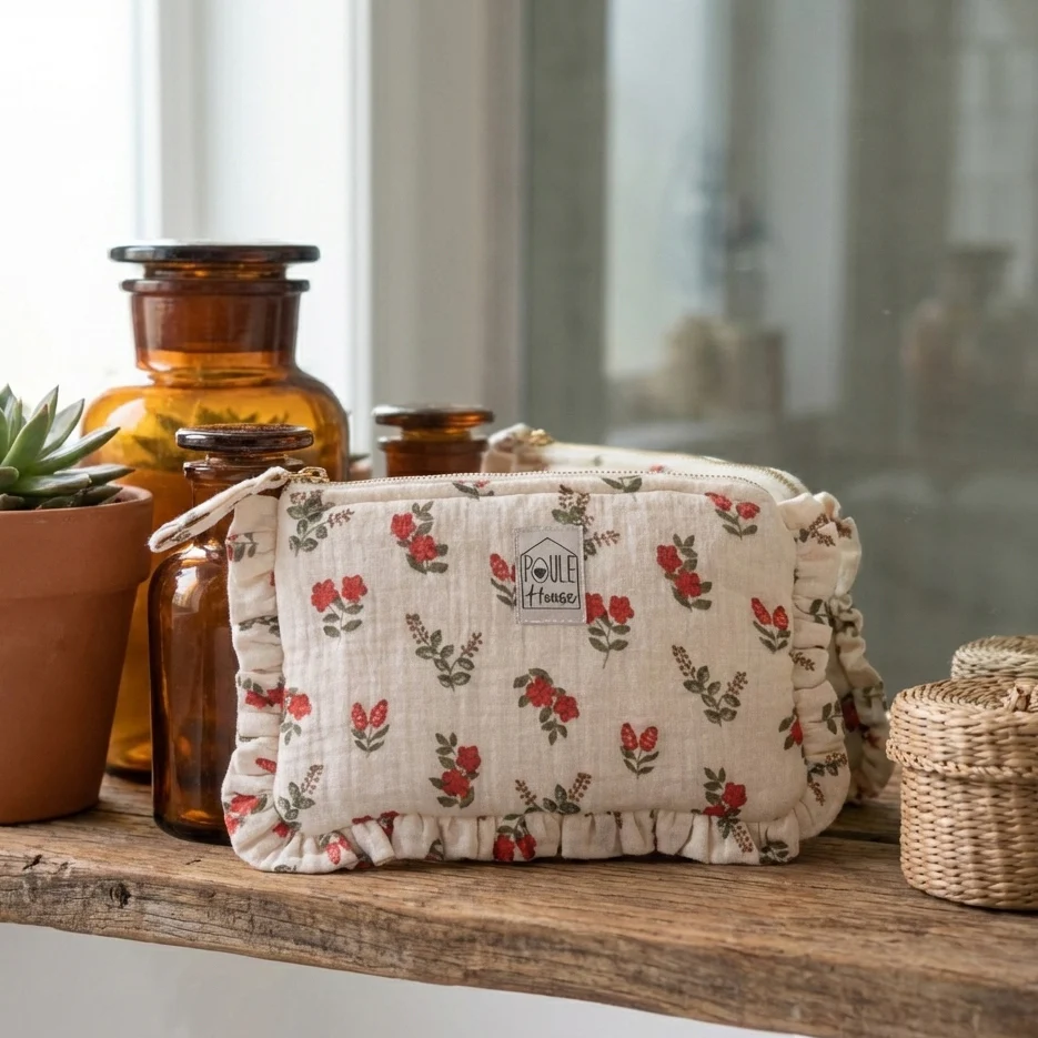 Lola : Mini Pochette froufrou - Fleurs rouges