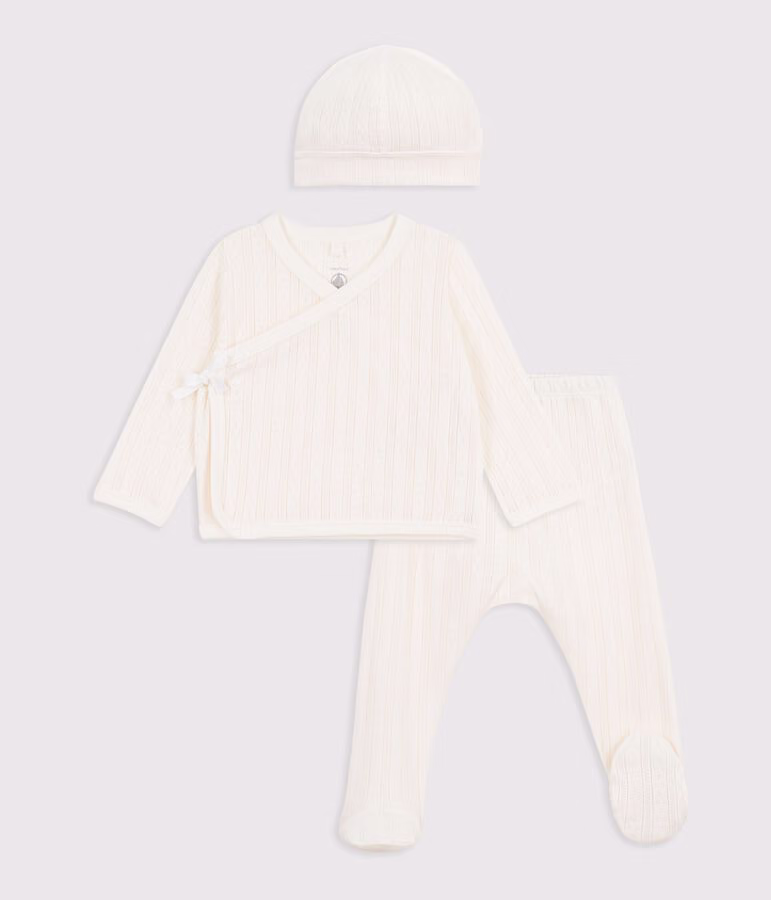 Ensemble long 3 pièces bébé en coton ajouré et son bonnet