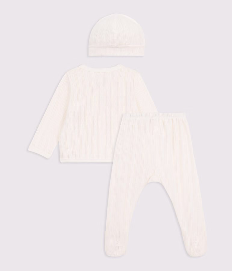 Ensemble long 3 pièces bébé en coton ajouré et son bonnet 2