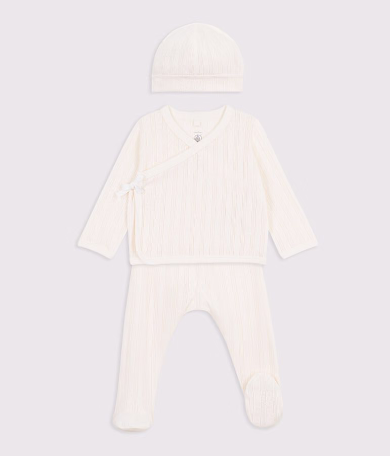 Ensemble long 3 pièces bébé en coton ajouré et son bonnet 3