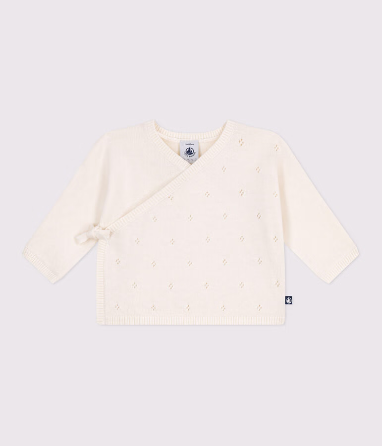 Brassière bébé cache-cœur ajourée en tricot laine et coton