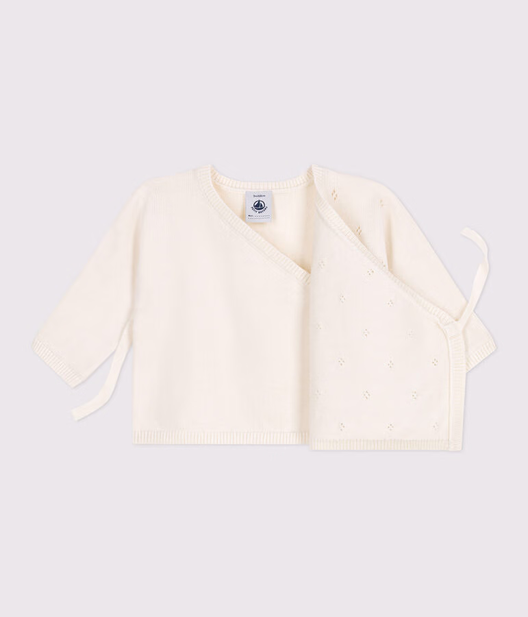 Brassière bébé cache-cœur ajourée en tricot laine et coton 2