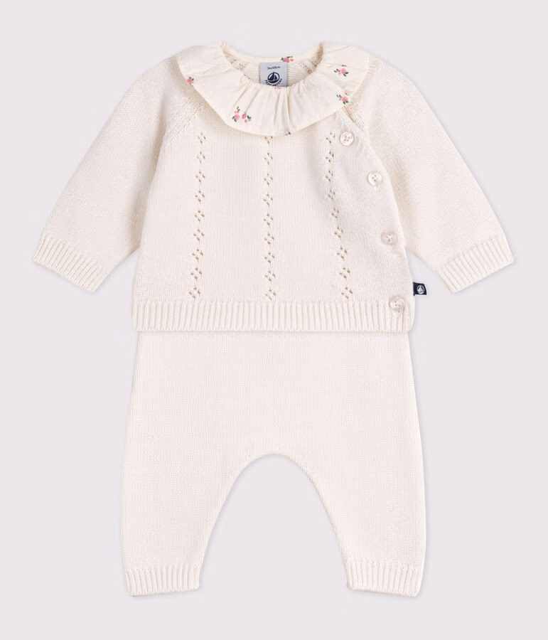 Ensemble 2 pièces bébé en laine et coton avec collerette fleurie
