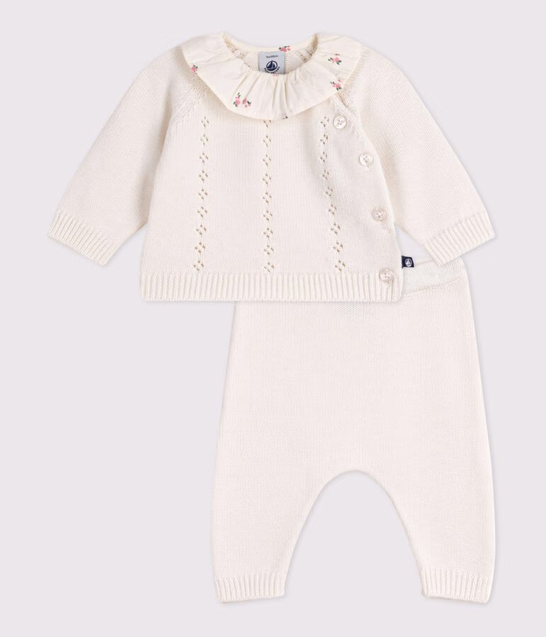 Ensemble 2 pièces bébé en laine et coton avec collerette fleurie 3