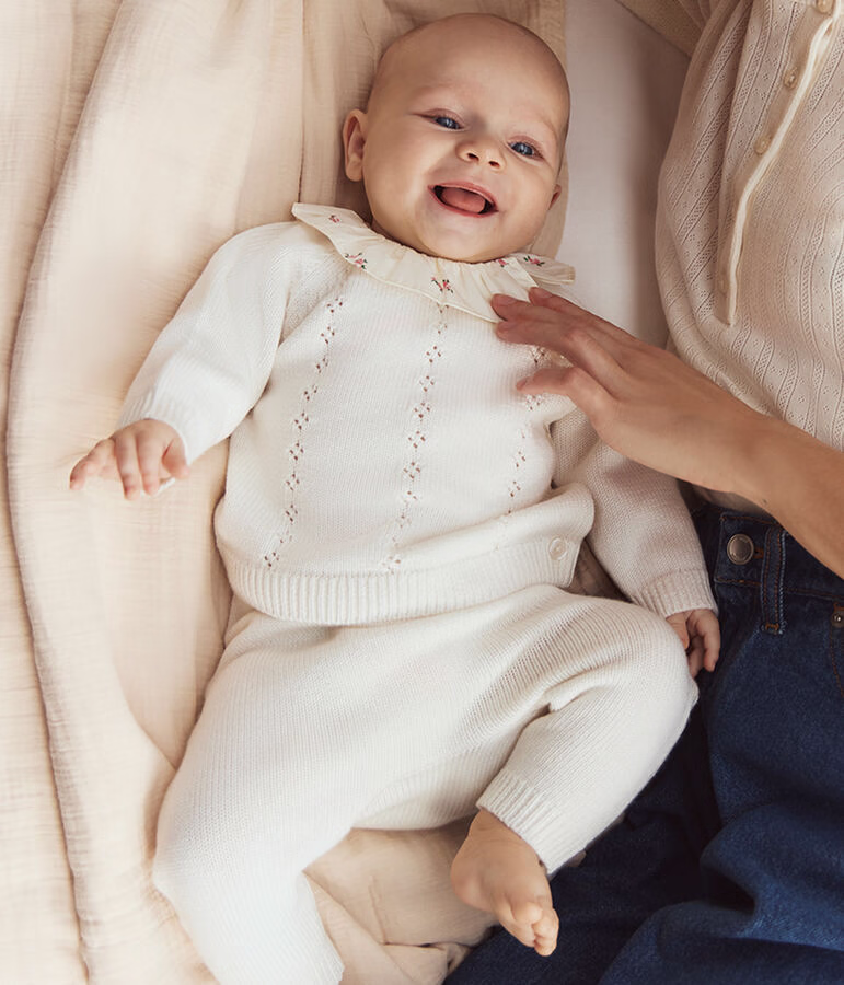 Ensemble 2 pièces bébé en laine et coton avec collerette fleurie 4