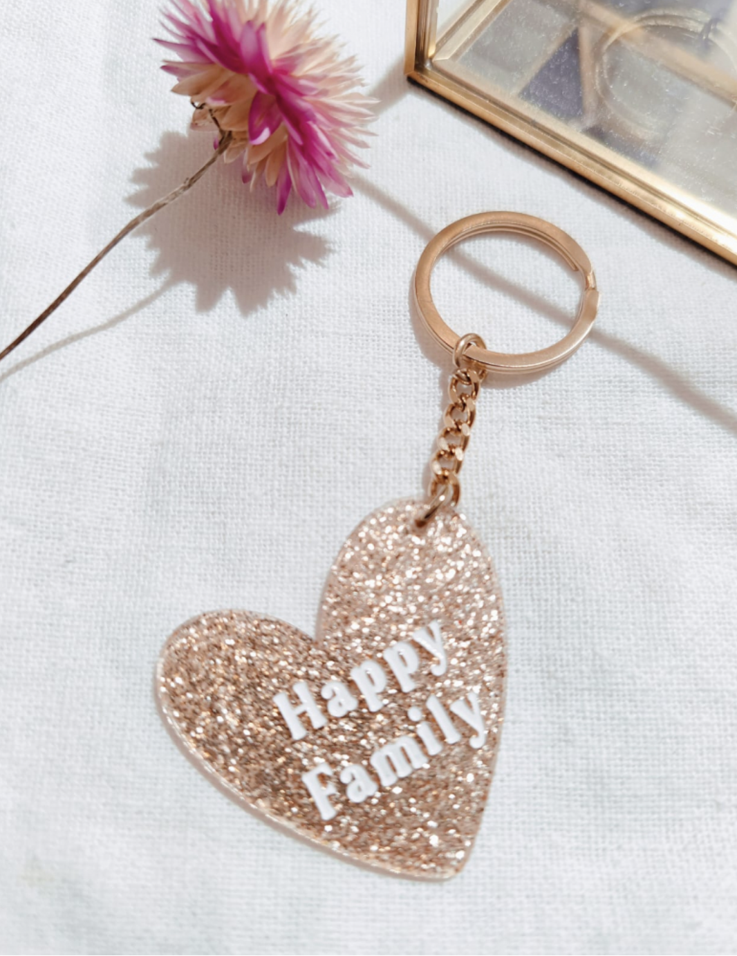 Porte clef résine paillette "HAPPY FAMILY" doré