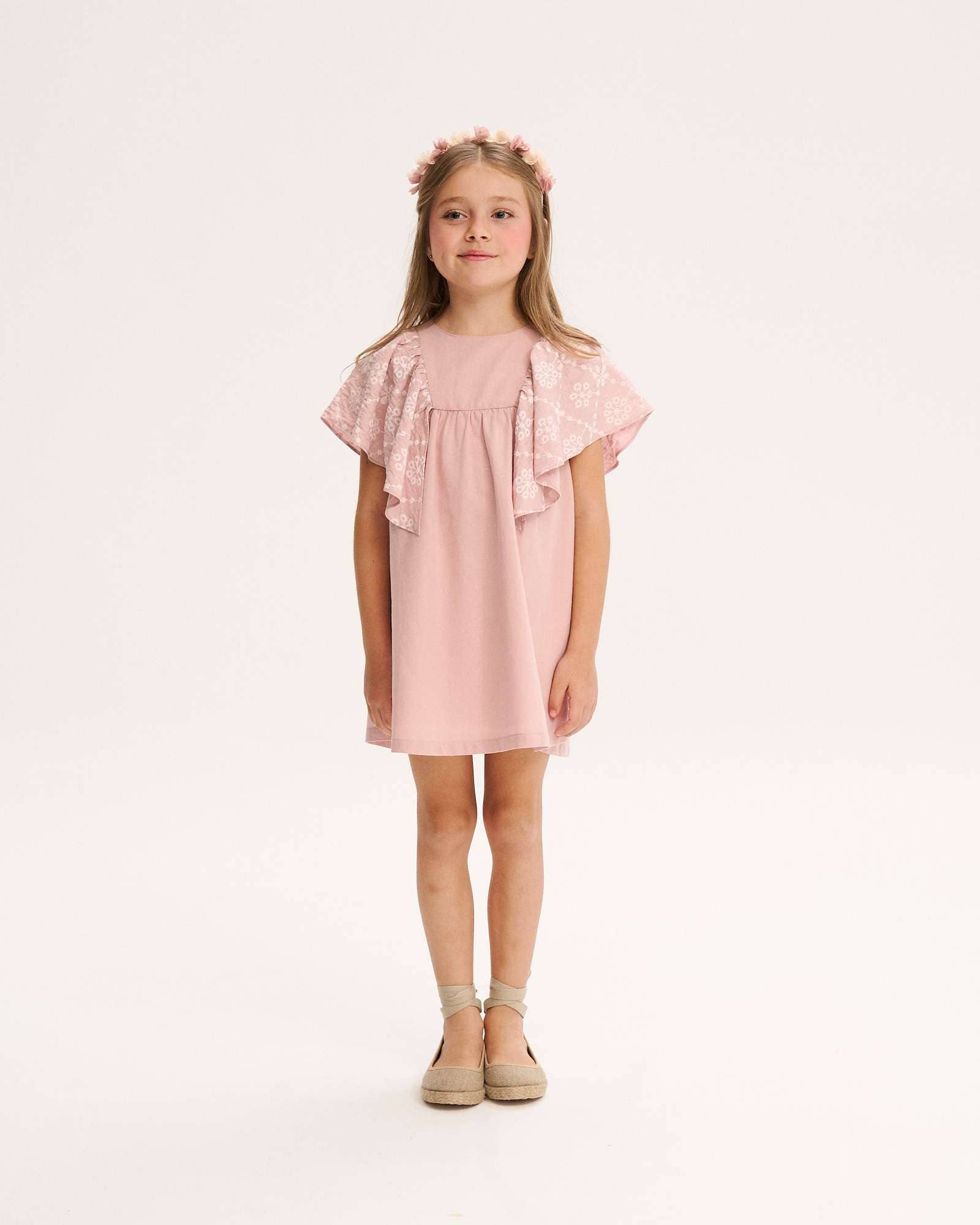 Robe rose pour fille à volant floral et col rond 2