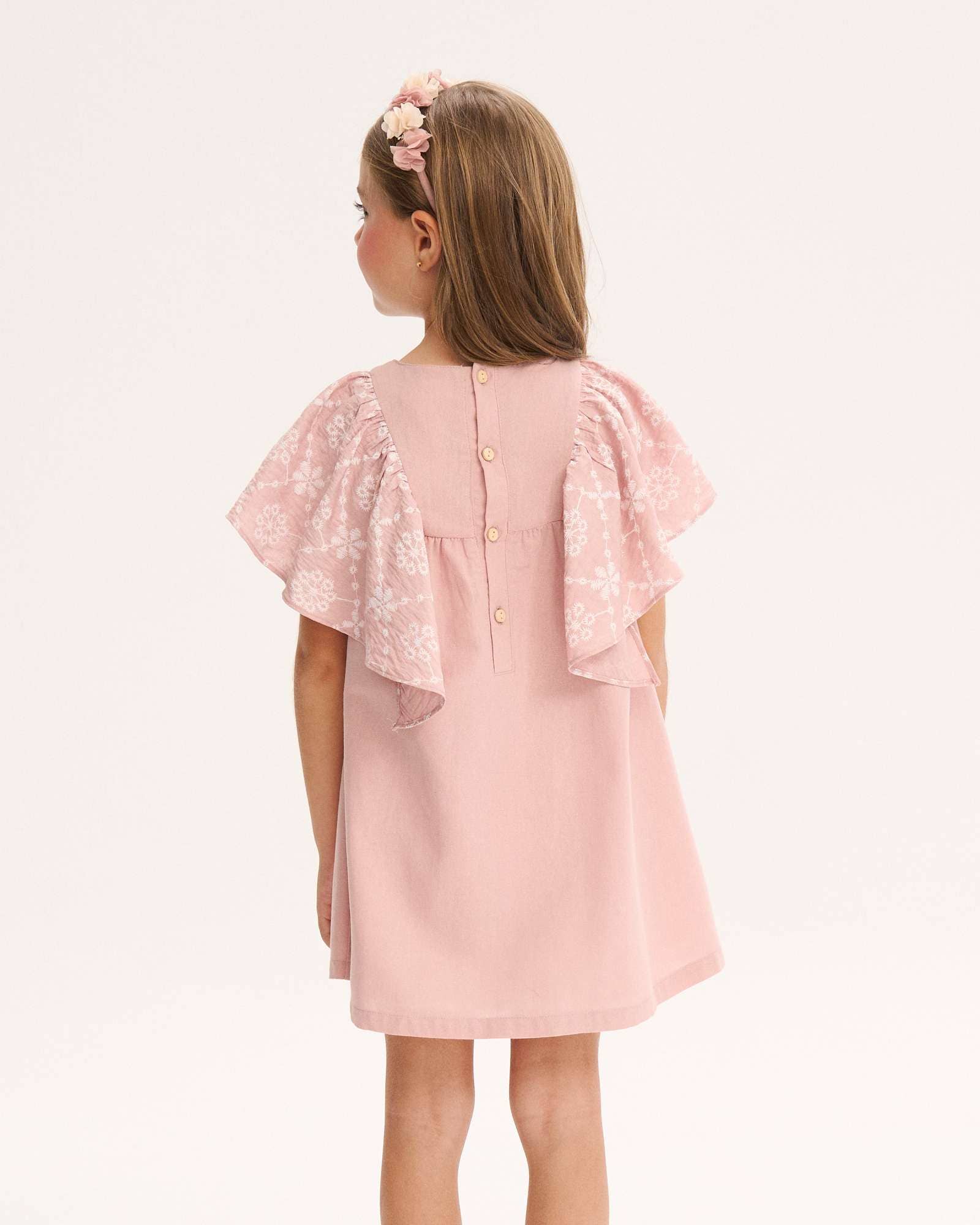 Robe rose pour fille à volant floral et col rond 4