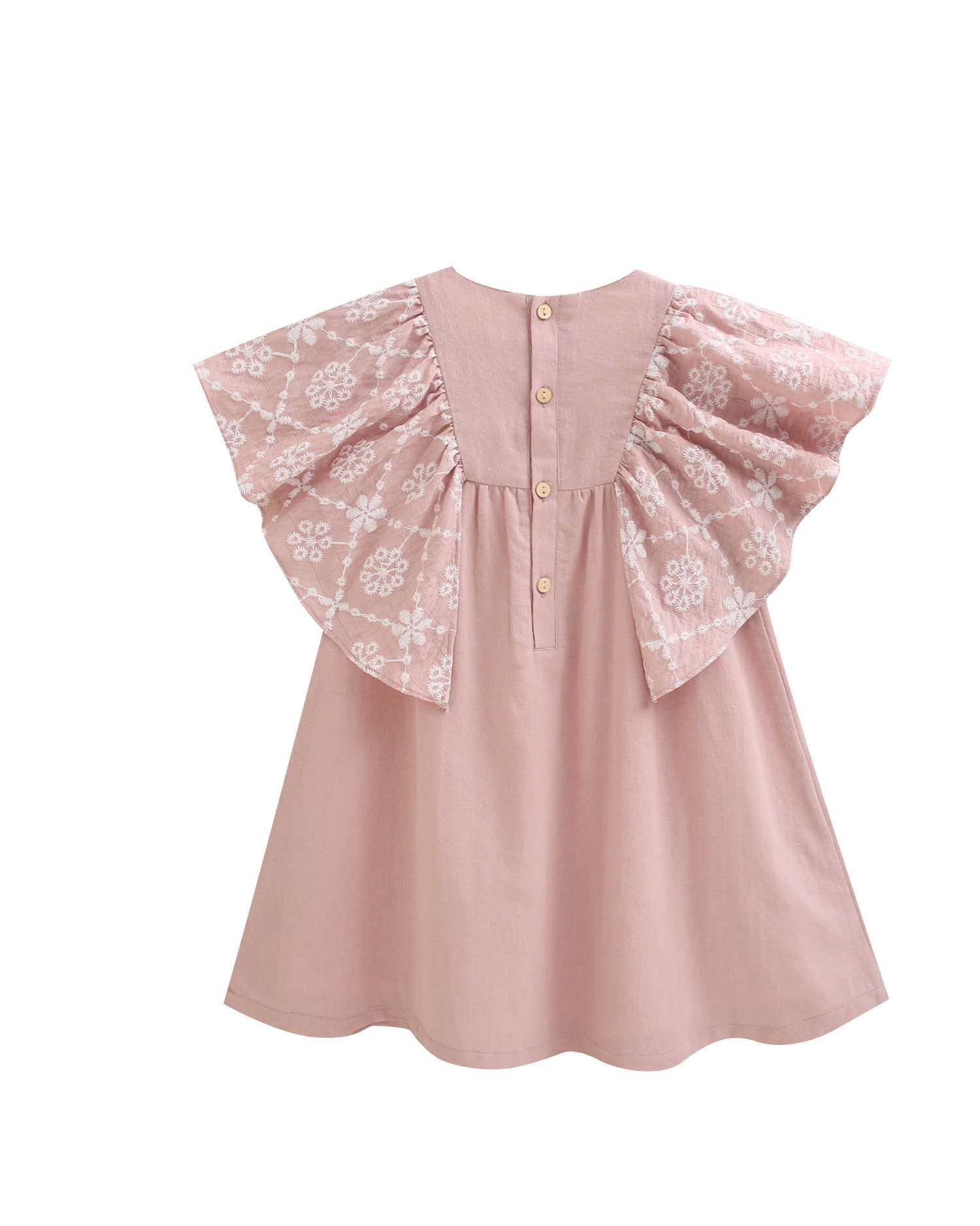 Robe rose pour fille à volant floral et col rond 5