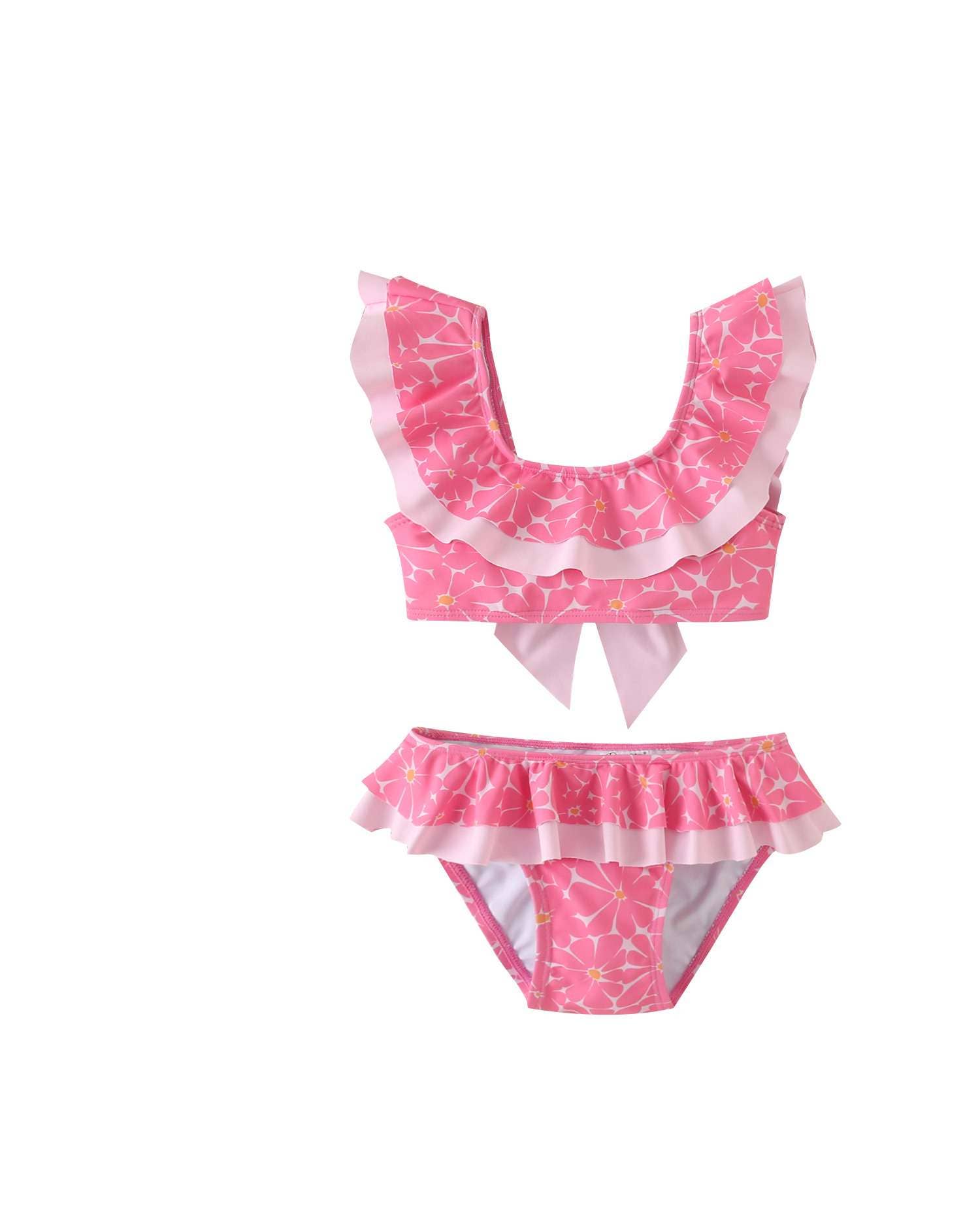 Bikini fille rose, col rond et volants avec nœud 2