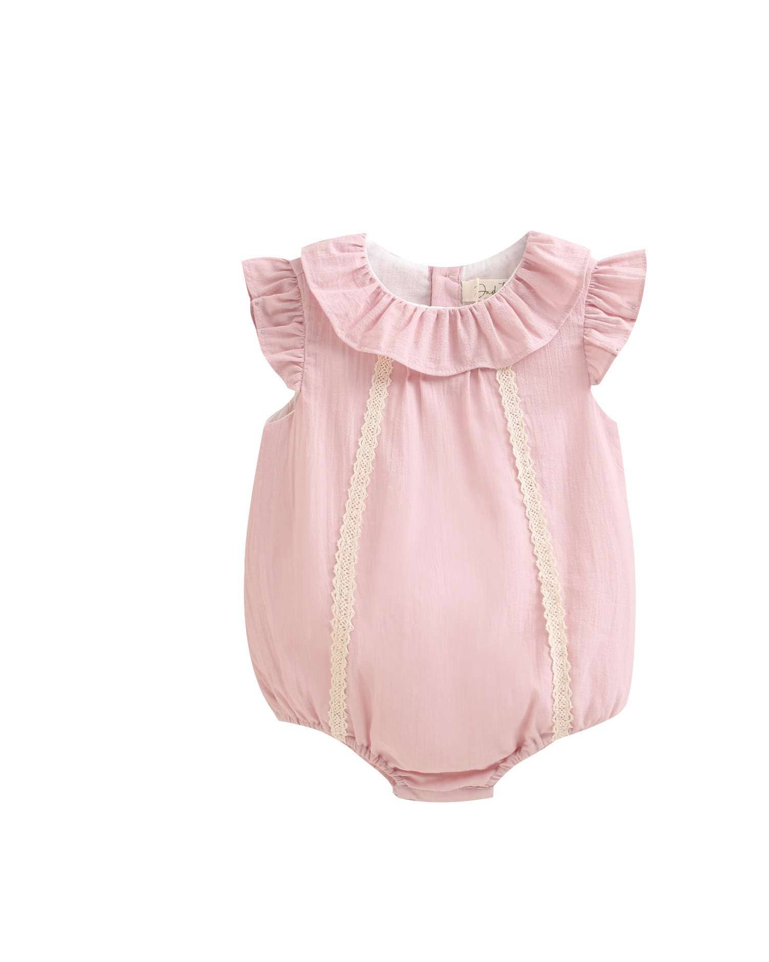 Barboteuse rose pour bébé fille avec volants, broderie et boutons 2