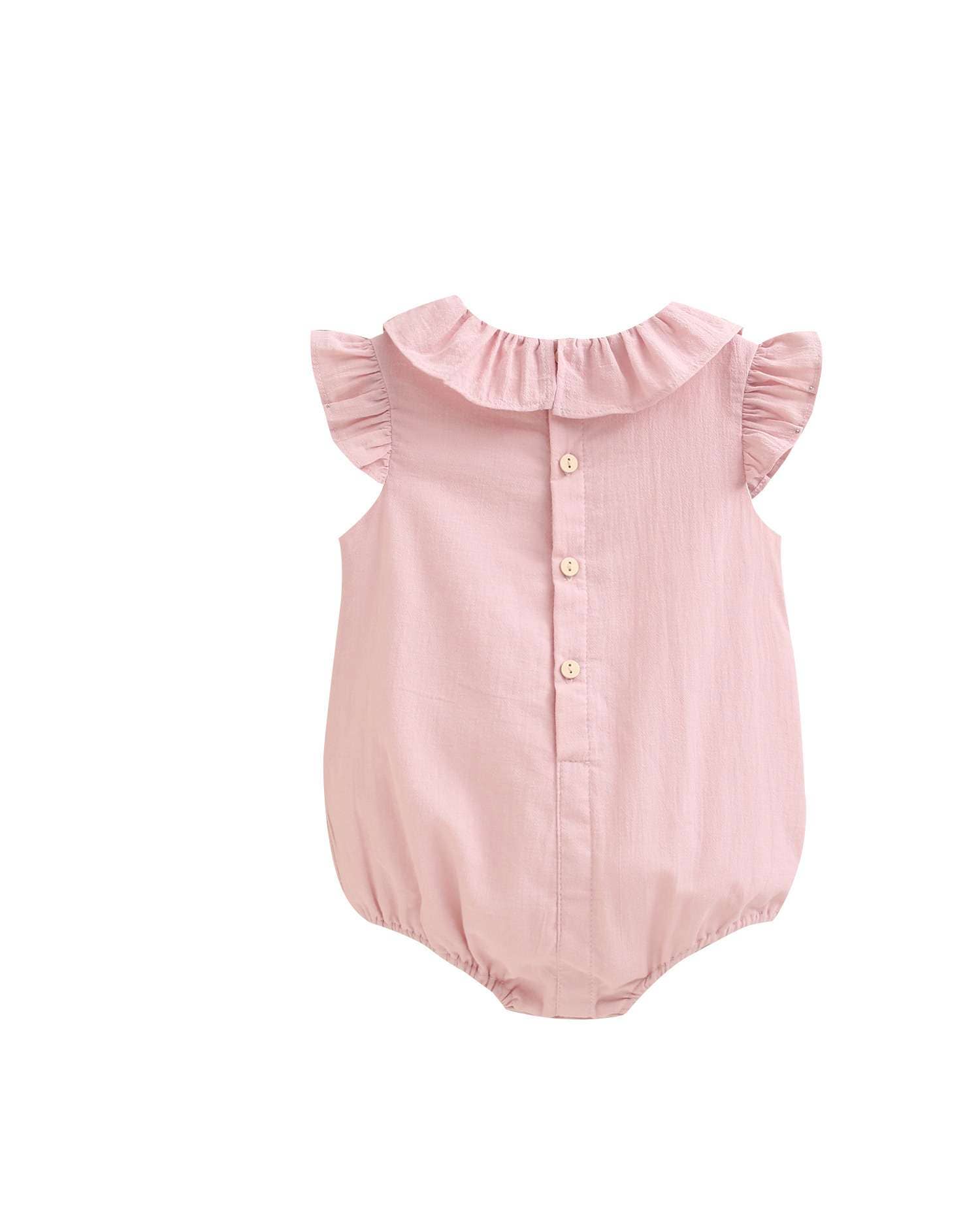 Barboteuse rose pour bébé fille avec volants, broderie et boutons 3