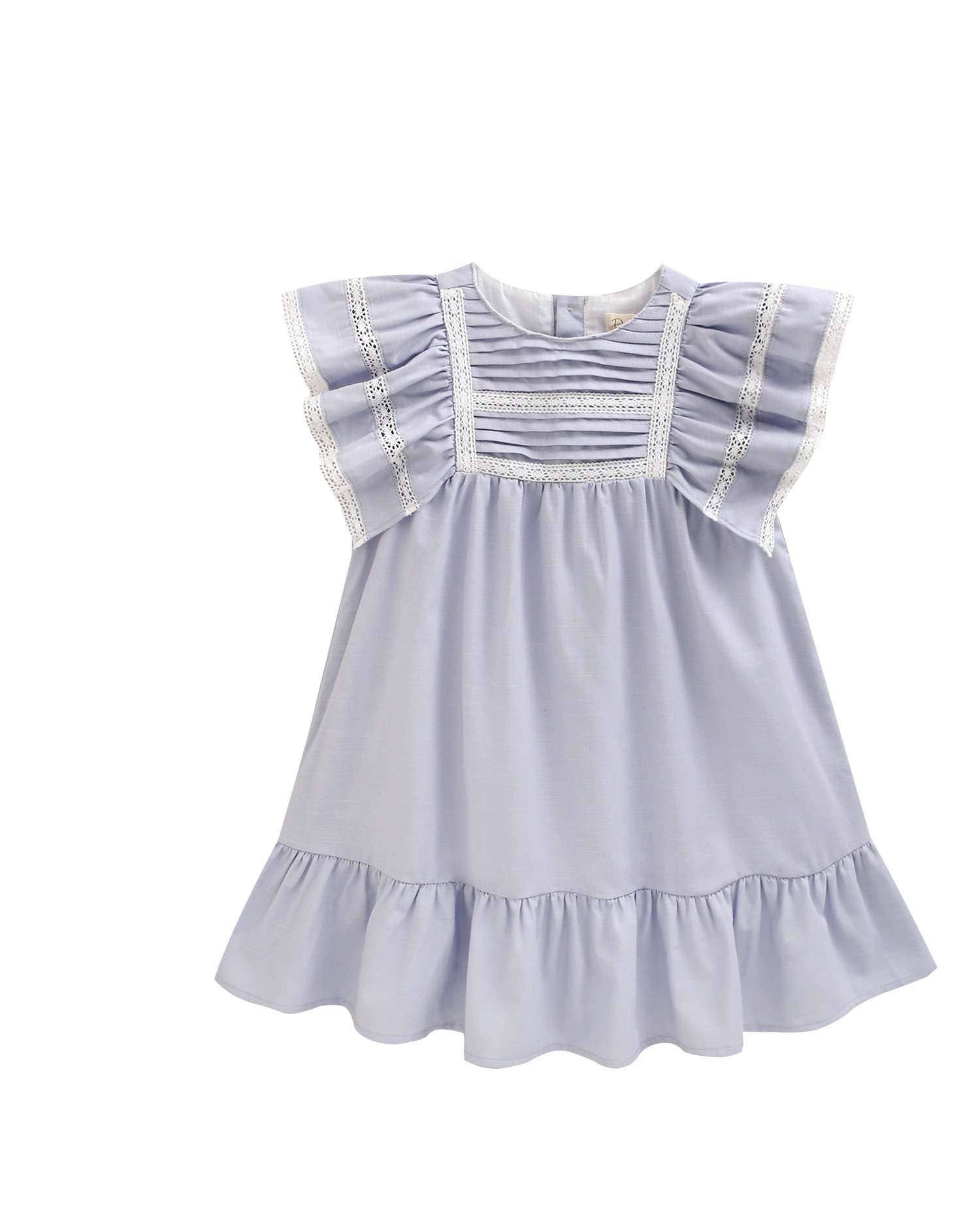 Robe de fillette bleue en lin avec plis, volants et boutons 2