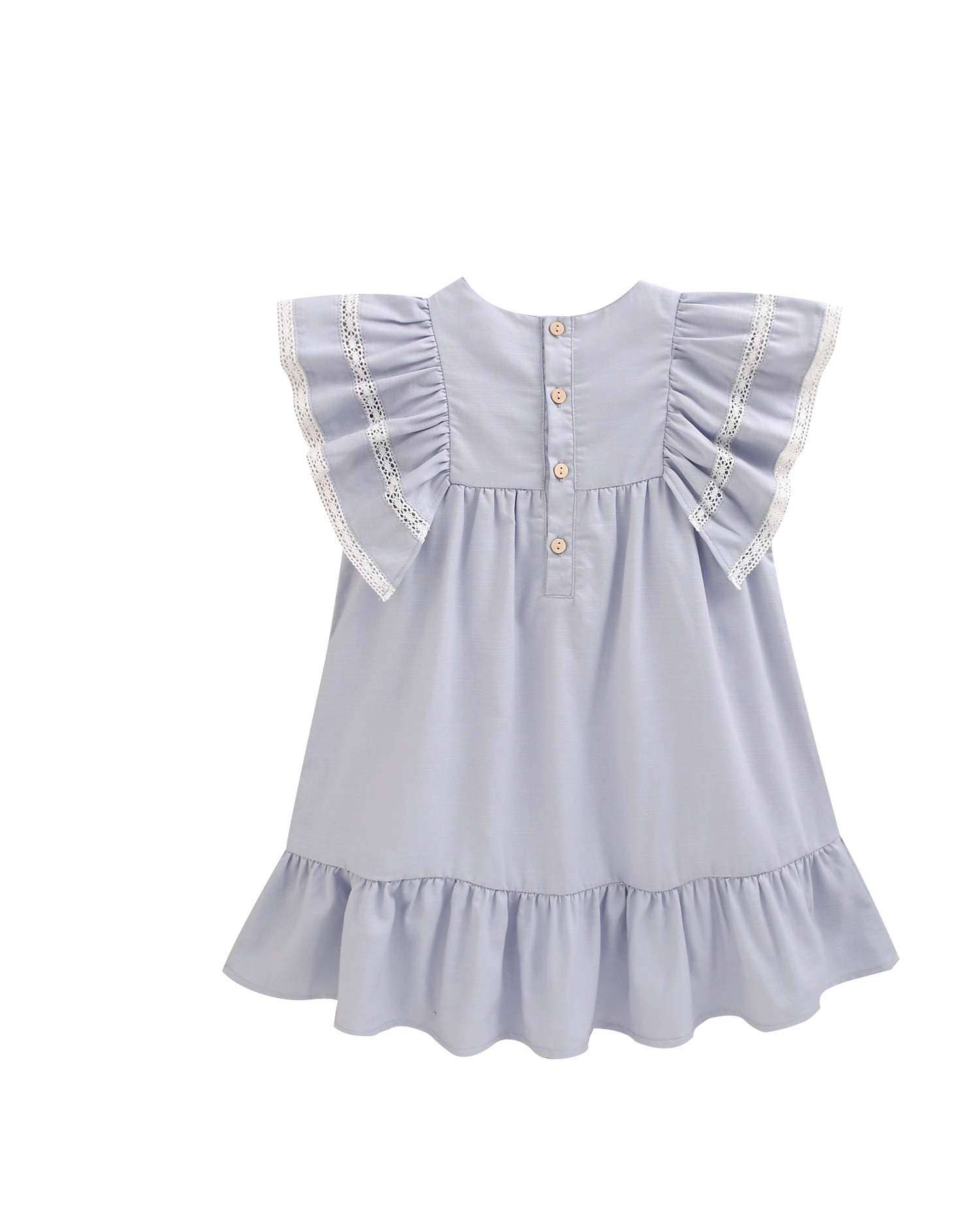 Robe de fillette bleue en lin avec plis, volants et boutons 3