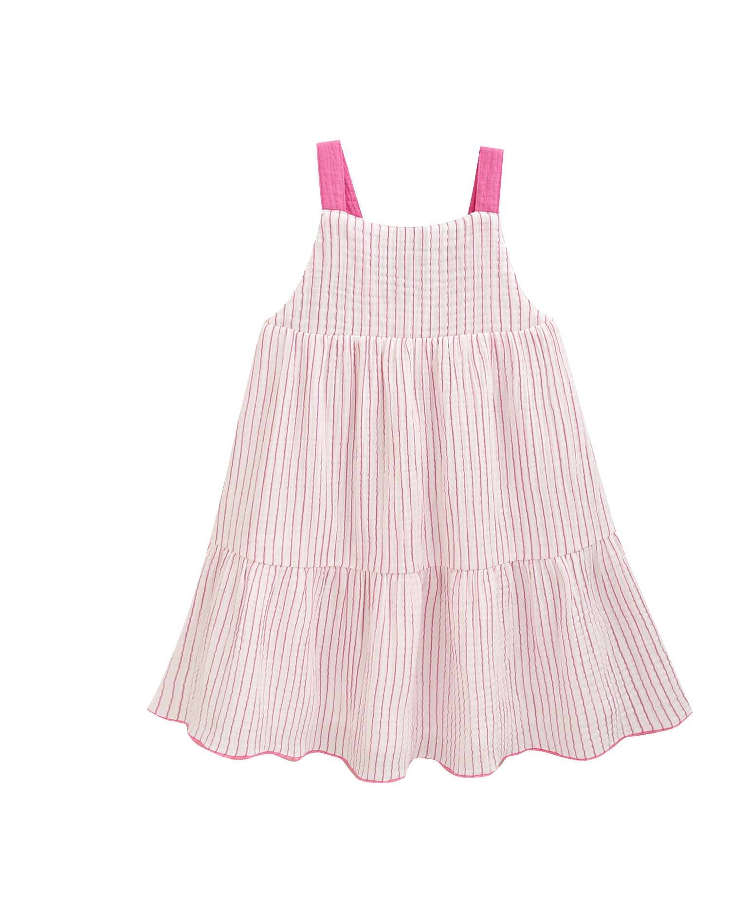 Robe de fille blanche à rayures, nœud fuchsia et volants 2