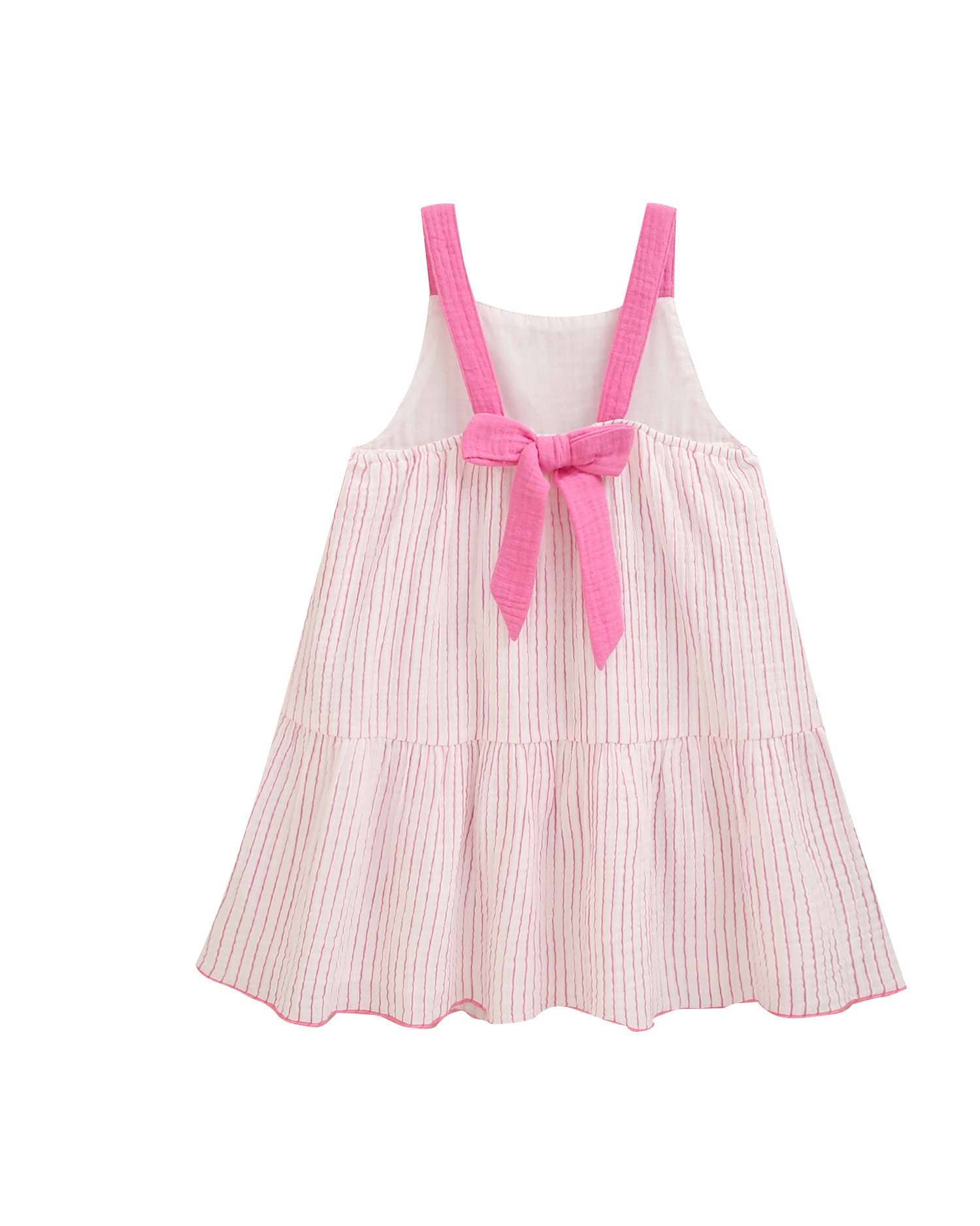 Robe de fille blanche à rayures, nœud fuchsia et volants 3