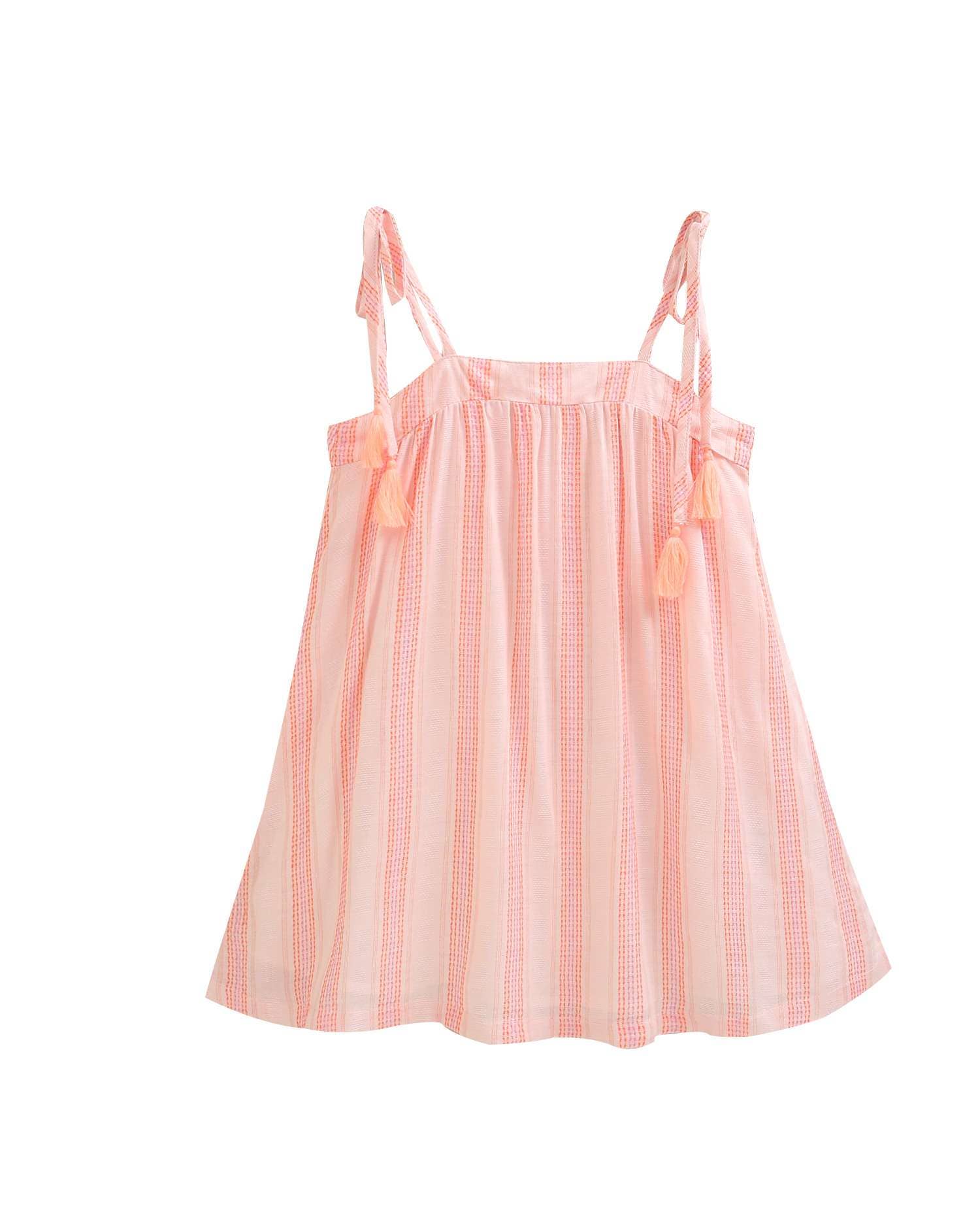 Robe pour fille à rayures orange avec bretelles et pompons 2