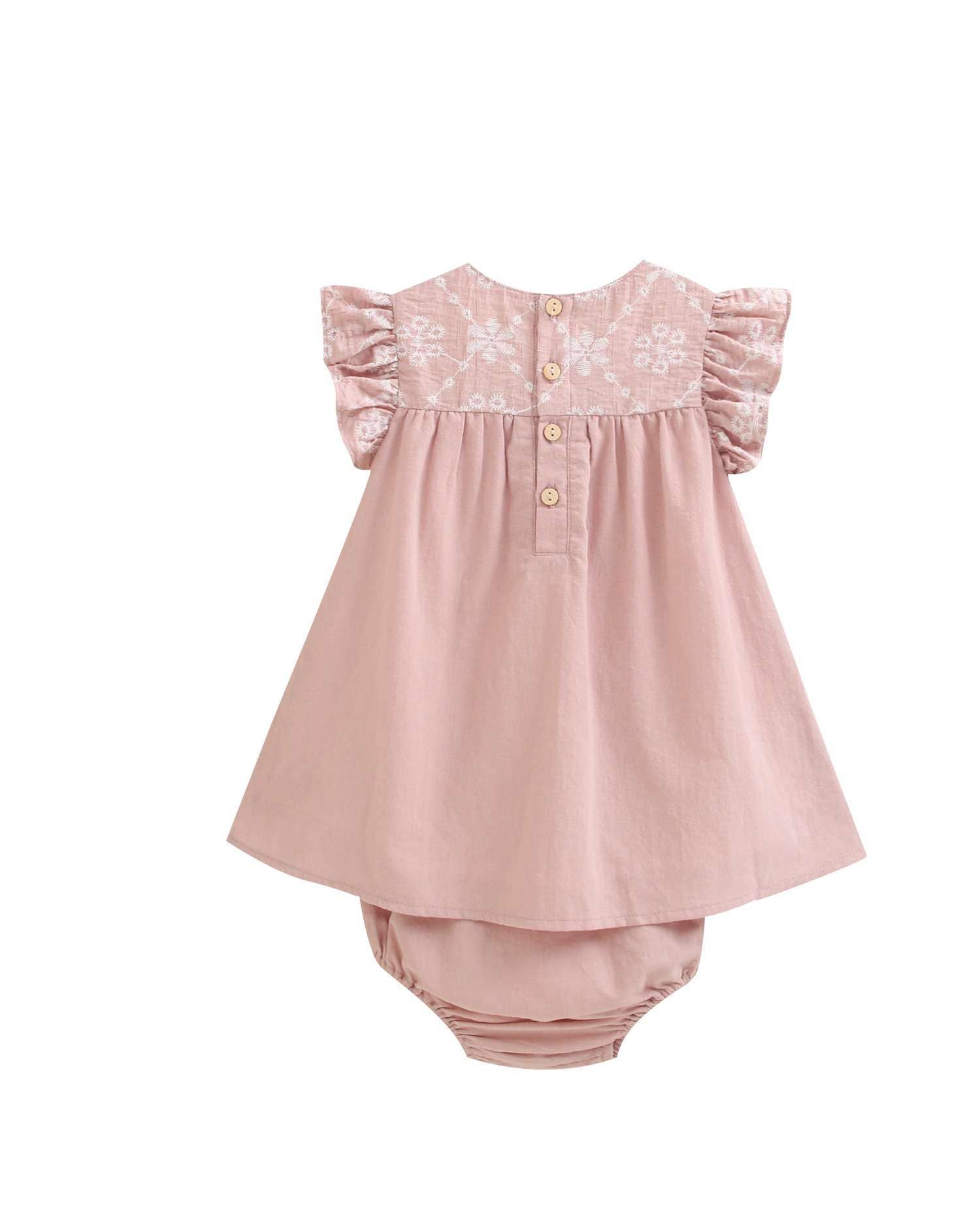 Robe rose pour bébé fille avec broderie florale et bloomer 3