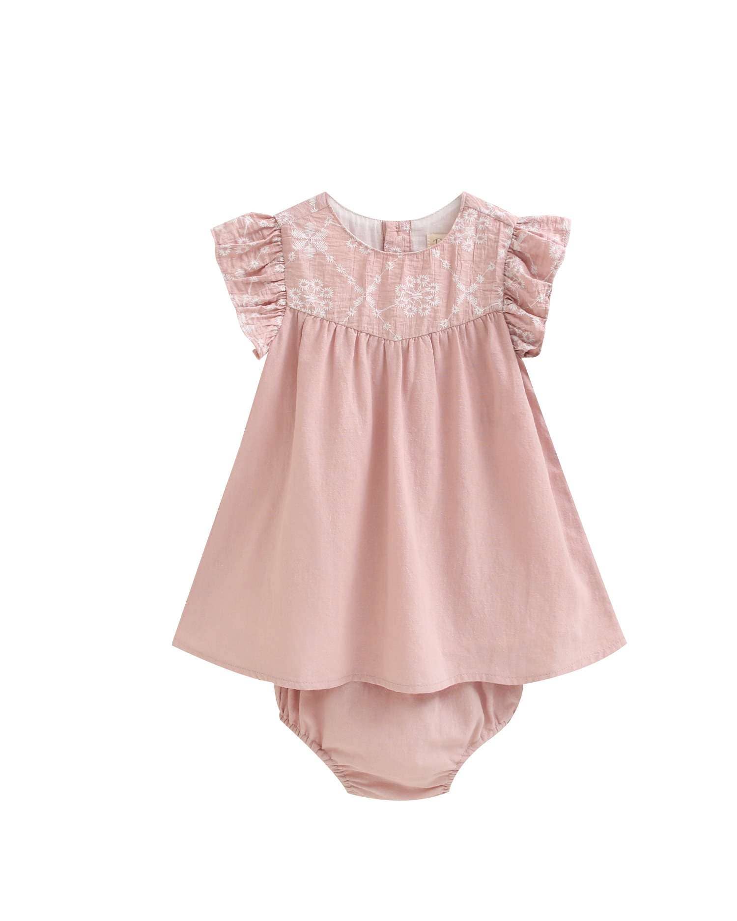 Robe rose pour bébé fille avec broderie florale et bloomer — 6 mois